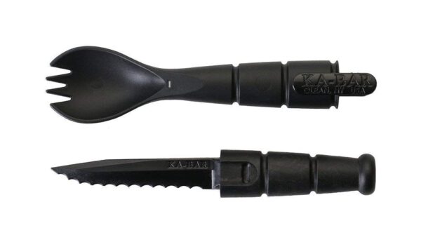 A black spork and knife combo tool with a detachable knife handle stored inside the spork's handle, both marked "KA-BAR" and "USA.