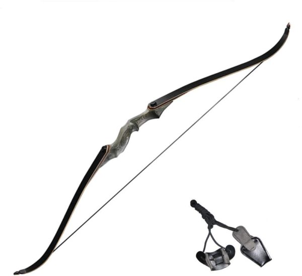 A traditional recurve bow with an intricately designed wooden grip, accompanied by a leather arm guard and finger tab, isolated on a white background.