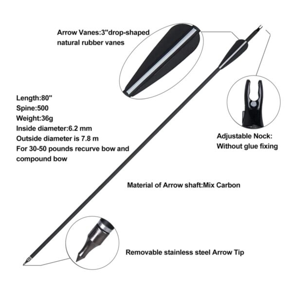 Diagram of an archery arrow showing labeled details including arrow vanes, adjustable nock, removable arrow tip, and measurements such as length, weight, and diameters for recurve and compound bows.