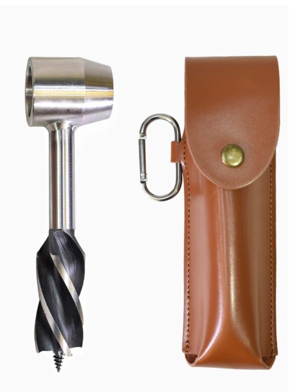 An auger attachment with a cylindrical handle and a spiral drill bit next to a brown leather storage case with a metal clasp.