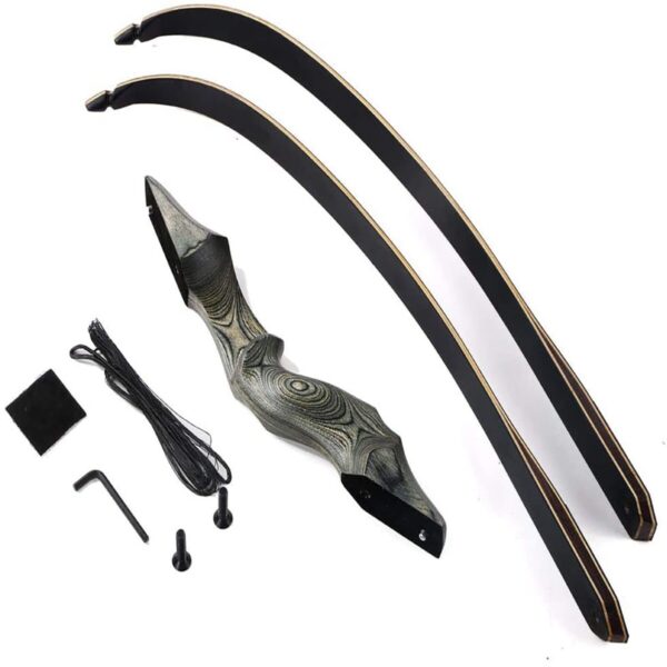 A dismantled recurve bow kit with two limbs, a riser, a bowstring, an Allen wrench, two screws, and a square cloth.