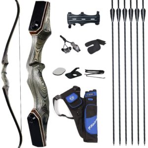 Archery set with a recurve bow, six arrows, a quiver, finger guard, arm guard, bow stringer, nocking points, and other accessories.