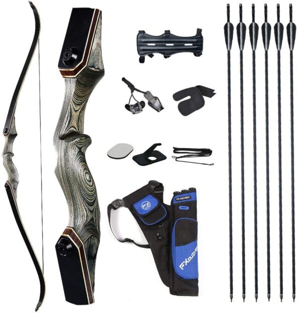 Archery set with a recurve bow, six arrows, a quiver, finger guard, arm guard, bow stringer, nocking points, and other accessories.