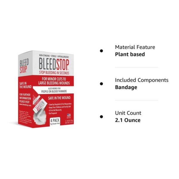 Image of a BleedStop product box labeled "Stop Bleeding in Seconds" for minor cuts to large bleeding wounds. Features: Plant-based, includes bandage, unit count 2.1 ounces, 4-pack.