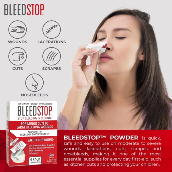 A person uses a tissue on their nose with a box of BleedStop powder displayed next to them. The text highlights the product's use for wounds, lacerations, cuts, scrapes, and nosebleeds.