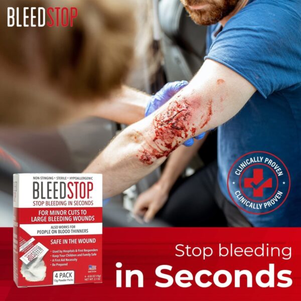 A person with a bleeding arm wound is receiving first aid. In the foreground, there is a box of BleedStop, a product used to stop bleeding quickly, with text highlighting its features and effectiveness.