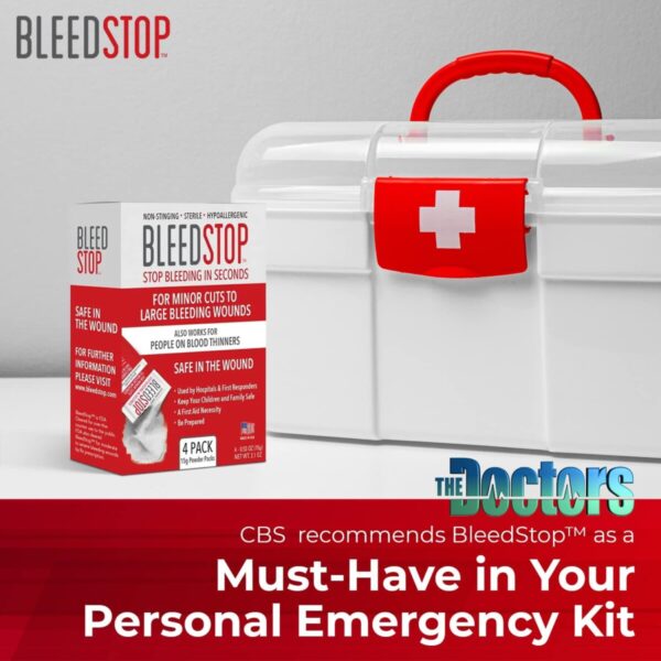 A BleedStop box is displayed next to a white first aid kit with a red cross. The image includes text recommending BleedStop as a must-have in a personal emergency kit.