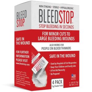 BleedStop packaging with claims of stopping bleeding in seconds for minor to large wounds, including blood thinners users. Contains four 0.53 oz powder packs. Safe, sterile, non-stinging, hypoallergenic.