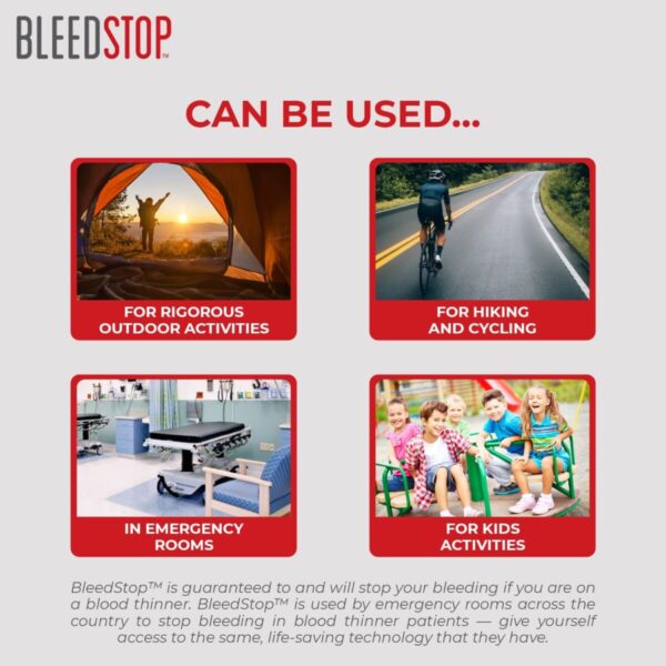 BleedStop™ promotional graphic featuring its uses: for rigorous outdoor activities, hiking and cycling, in emergency rooms, and kids' activities. Includes disclaimer text on the bottom.