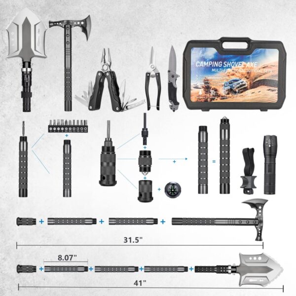 Image of a multi-functional camping shovel axe set. Includes various components such as axe, shovel, knife, pliers, flashlight, screwdriver bits, compass, and carrying case. Measurement markings are shown.