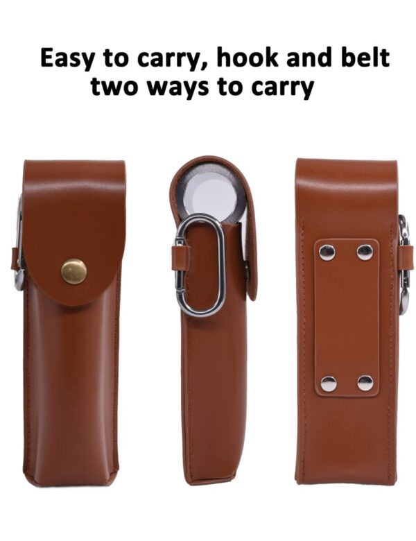 Three views of a brown leather carrying case with a metal clip and a button closure, showing the front, side, and back. Text above reads: "Easy to carry, hook and belt two ways to carry.