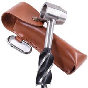 A hand auger tool with a leather case and a carabiner attachment is shown. The auger has a helical drill bit and a T-handle.