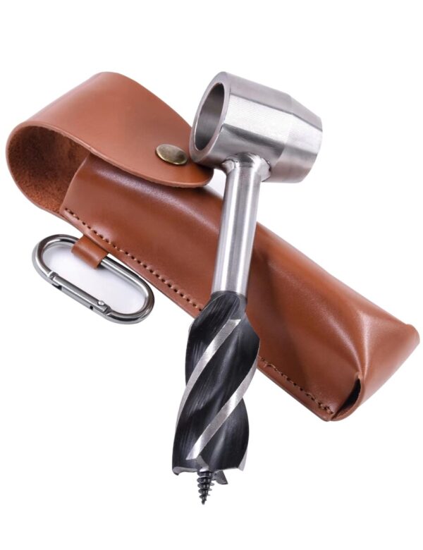 A hand auger tool with a leather case and a carabiner attachment is shown. The auger has a helical drill bit and a T-handle.