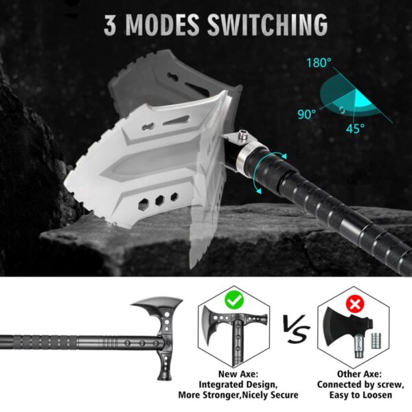 An axe with three interchangeable blade positions (45°, 90°, and 180°) is displayed. Below is a comparison between the new axe's integrated design and another axe connected by screws.