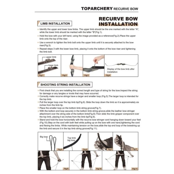 An instruction sheet from TOPARCHERY detailing steps for recurve bow limb installation and shooting string installation, with illustrations depicting each step.