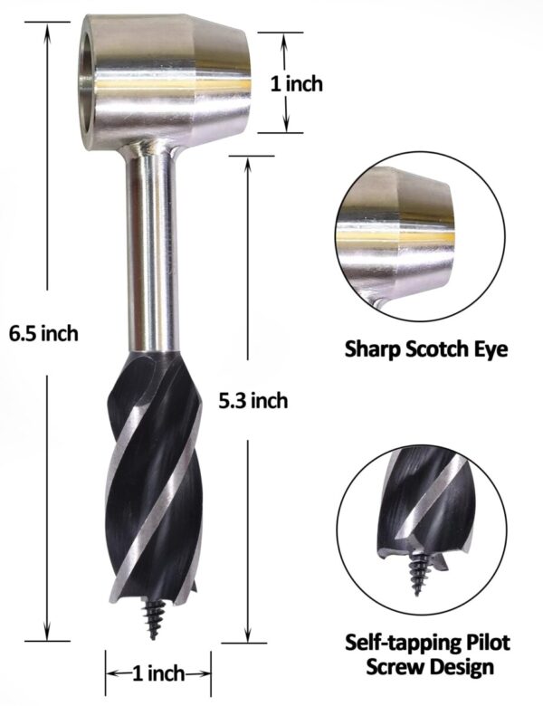 Metal auger drill bit with dimensions: body 6.5 inches, drill segment 5.3 inches, and 1-inch diameter; features sharp Scotch eye and self-tapping pilot screw design.