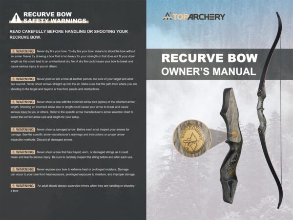 Recurve Bow Owner’s Manual with safety warnings on the left page and a recurve bow image on the right page under the Top Archery brand.