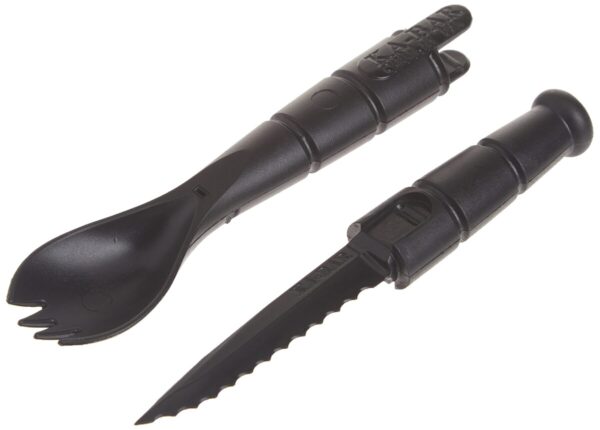 A black multi-functional utensil set consisting of a spork and a serrated knife, both with textured handles.