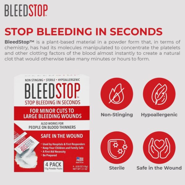 Image of BleedStop product packaging and informational icons. Text highlights its function to stop bleeding quickly, its non-stinging, hypoallergenic, sterile, and safe properties.