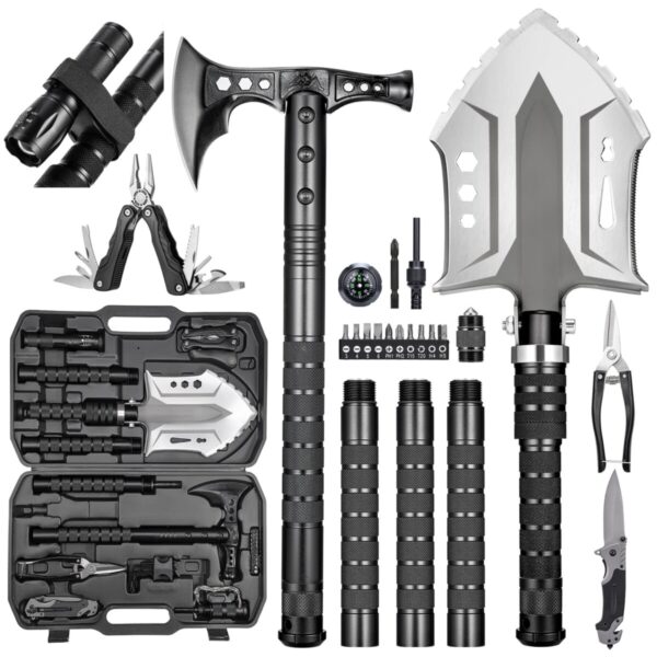 A survival kit displaying an array of tools including a folding shovel, axe, flashlight, multitool, knife, compass, and various accessories. All items are black and metallic, arranged neatly.