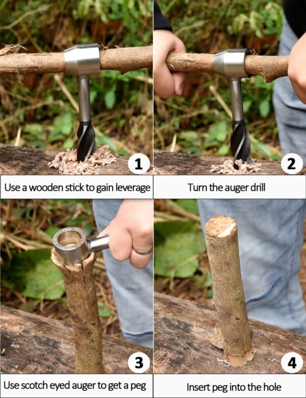 A sequence of 4 images demonstrating how to create a wooden peg with an auger drill. Step 1: Use a wooden stick to gain leverage. Step 2: Turn the auger drill. Step 3: Use scotch-eyed auger to get a peg. Step 4: Insert peg into hole.