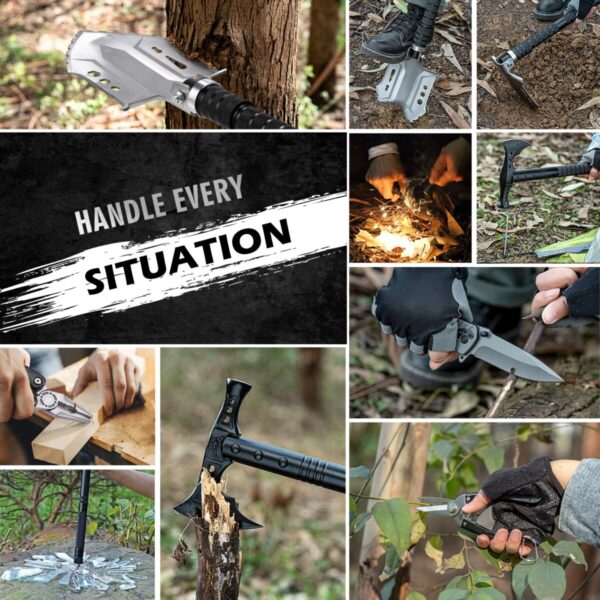 A collage of outdoor survival tools being used in various scenarios, including cutting, sawing, and fire starting, displayed with the text "Handle Every Situation" in the center.