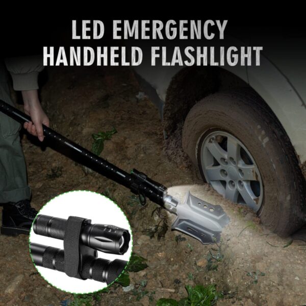 Person using an LED emergency handheld flashlight to inspect a car tire stuck in mud, with an inset showing the details of the flashlight.