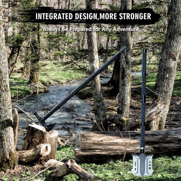 A multi-functional tool is displayed outdoors in a forested area near a stream. The tool is shown in a compact form and in use as an axe. The text reads "Integrated Design, More Stronger.